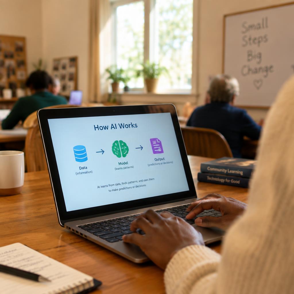 A learner typing on a laptop showing a simple How AI Works diagram in a community classroom.