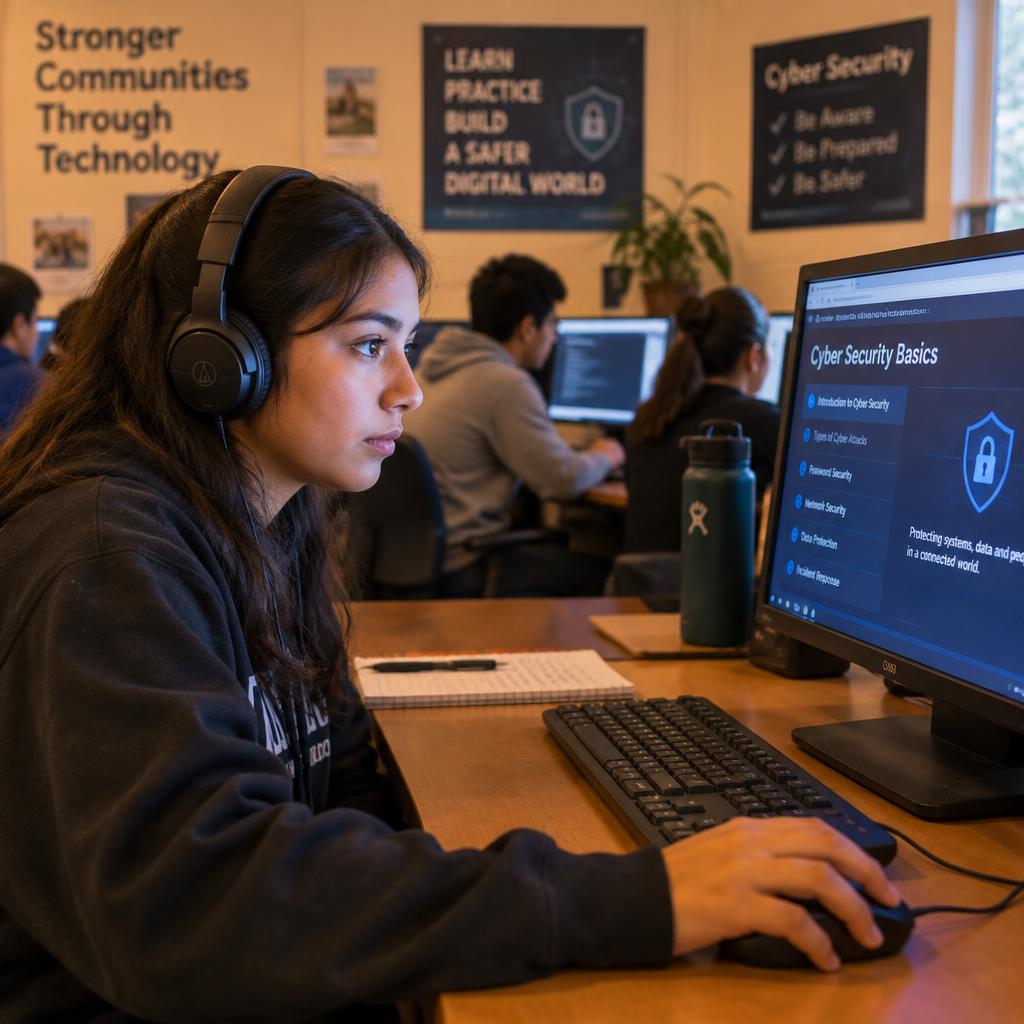 A young student wearing headphones practicing cyber security at a computer in a community lab.