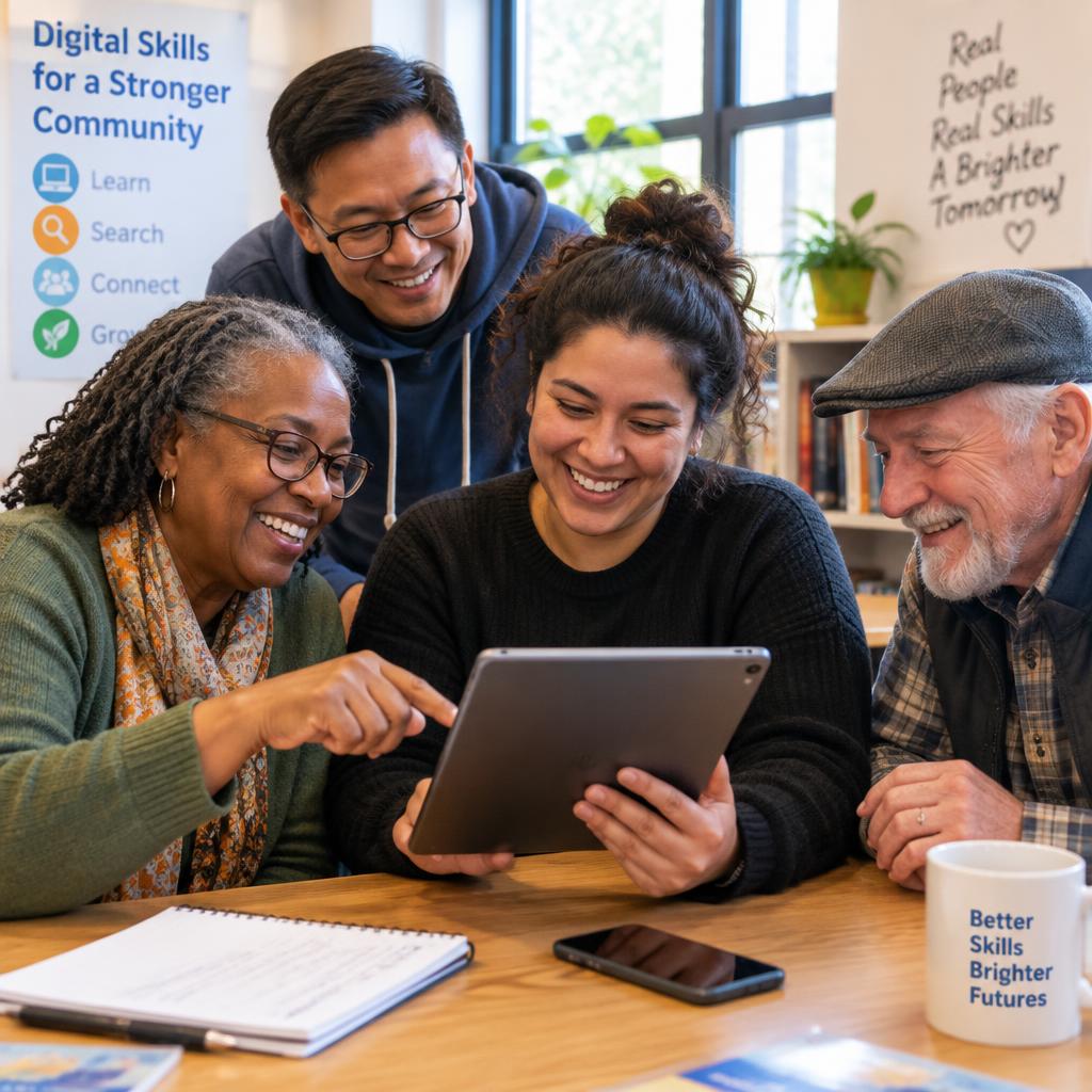 A group of smiling adults gathered around a tablet during a digital skills session at a community center.